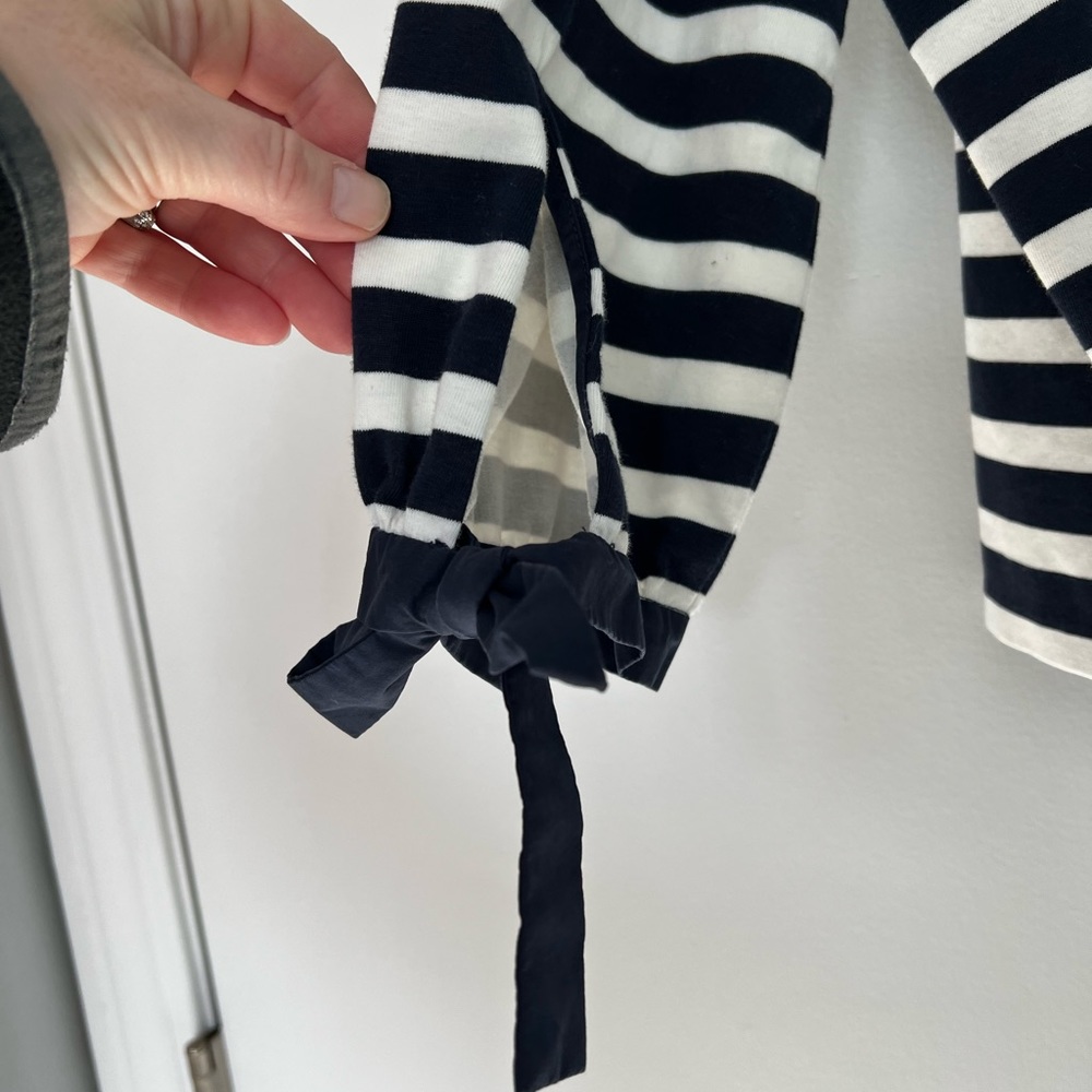 J. Crew off the shoulder striped top with tie sleeves.